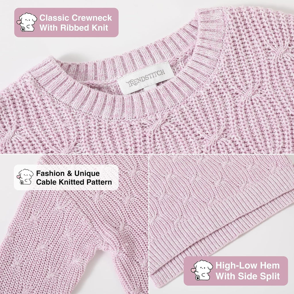 Sweaters Crewneck Long Sleeve Pullover Jumper Cotton Fall Chunky Fancy Cable Knit Sweater with Side Slit