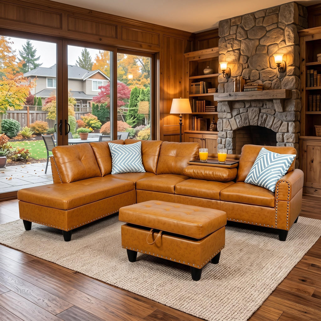 Faux Leather L-Shaped Couch Set, 98"L x 71"W Sectional Sofa Orange