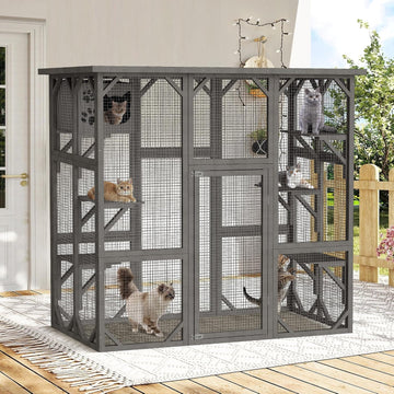Catio Outdoor Cat Enclosure, Wooden Cat House with Resting Box, Grey