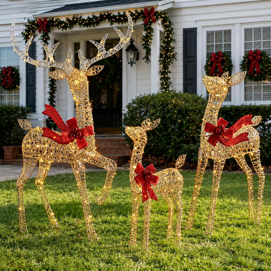 4.83FT 3-Piece Large Lighted Christmas Deer Family Set Rose Gold