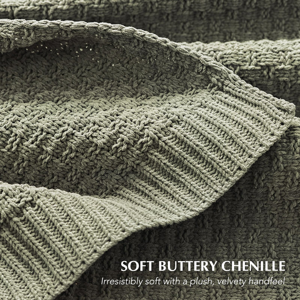 Chunky Chenille Knit Throw Blanket, Dried Thyme Green, 60x80