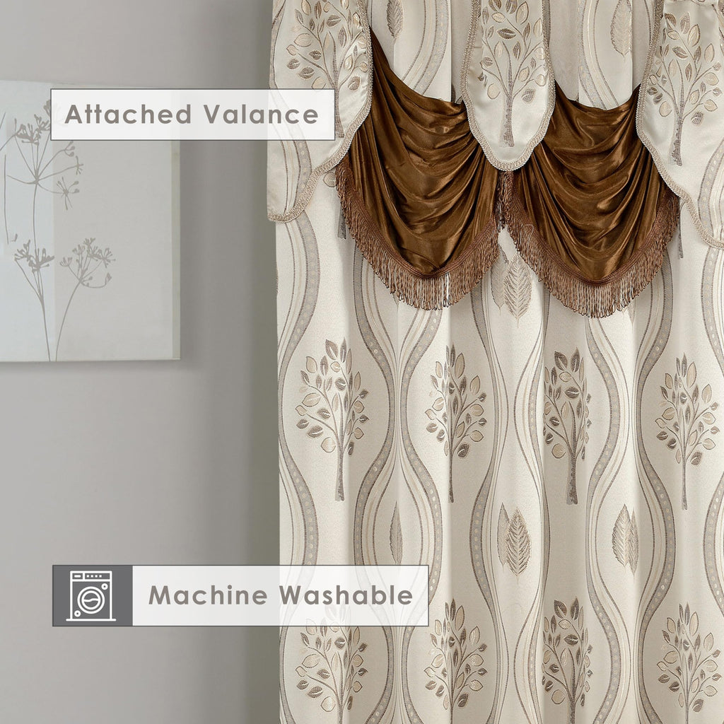 Luxurious Beautiful Curtain Panel Set with Attached Valance and Backing 54" X 84 inch (Set of 2), Beige, Ella 2PC