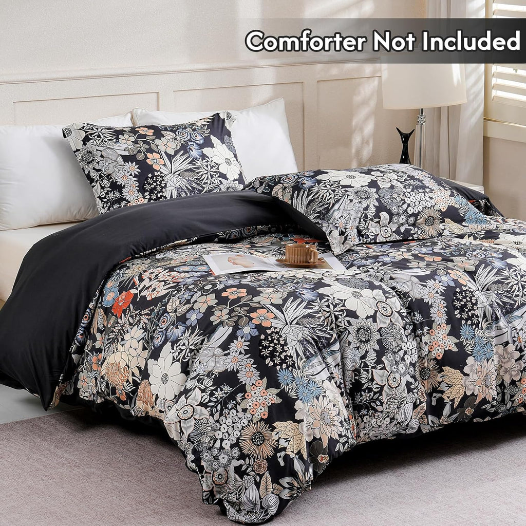 Queen Flower 3 Pcs Duvet Cover Set, Breathable Soft Microfiber Black Lining Comforter Cover with Zipper Closure, and 2 Anti-Pilling, Fade Resistant Pillowcases, Midnight Blossoms