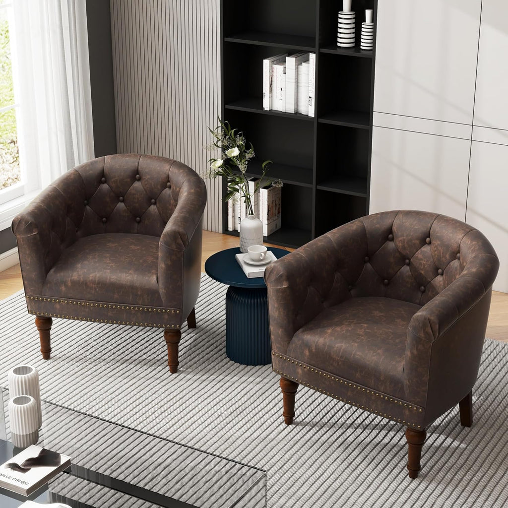 PU Leather Barrel Club Chairs, Modern Accent Chair, Chocolate - Set of 2