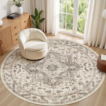 8ft Round Vintage Living Room Area Rug - 8x8 Large Soft Washable Oriental Traditional Distressed Far