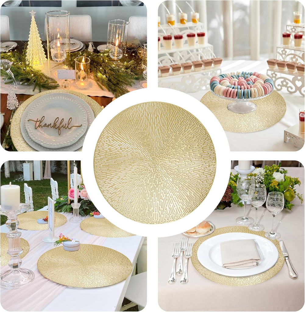 Round Gold Placemats, Gold Vinyl Metallic 15 Inch Round Placemat, Washable Wipeable Hollow Place Mats Non - Set of 12