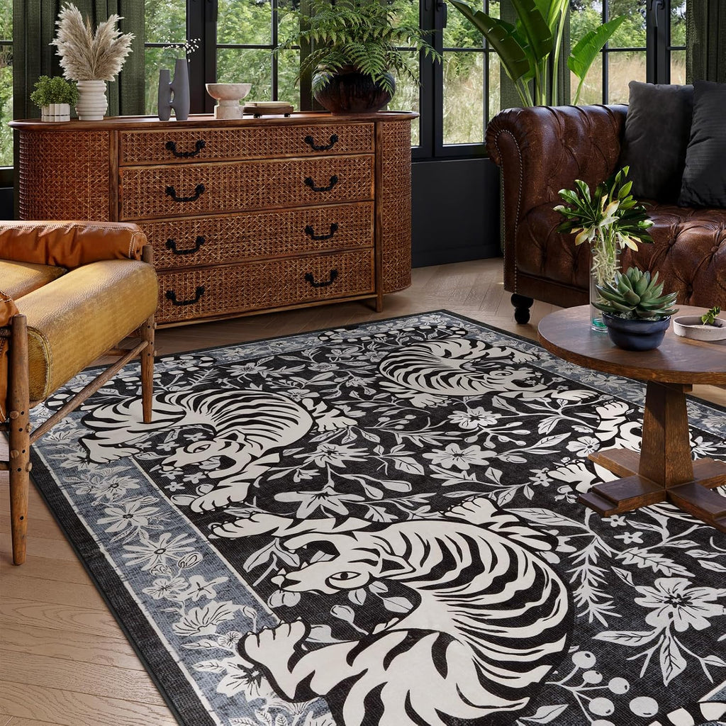 Tiger Washable Rugs, Boho Bedroom Rug Non-Slip Jungle Floral Area Rug, Soft Stain Resistant Vintage Western