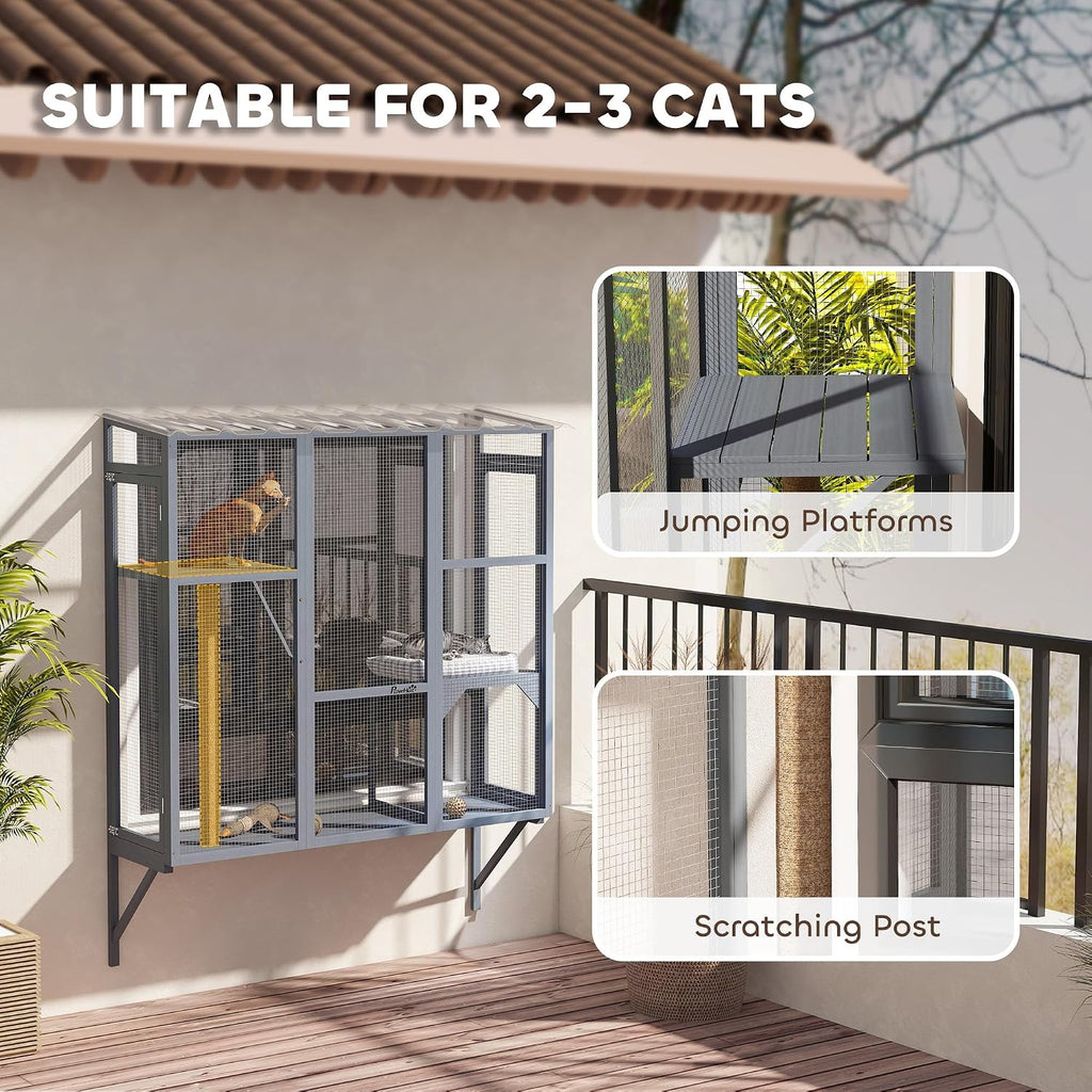 Outdoor Catio for 2-3 Large Indoor Cats 2 Jumping Platforms Gray