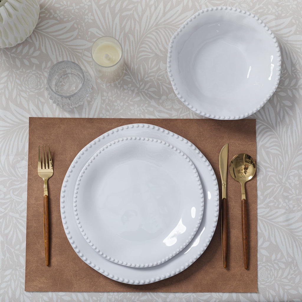 18 Piece Beaded Melamine Dinnerware Sets, Perlette White Plate and Bowl Set