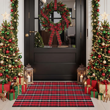 Cotton Buffalo Plaid Rug, 27.5x43 Christmas Red Black White Outdoor Rug Front Door Decorative Mat, Washable Doormat