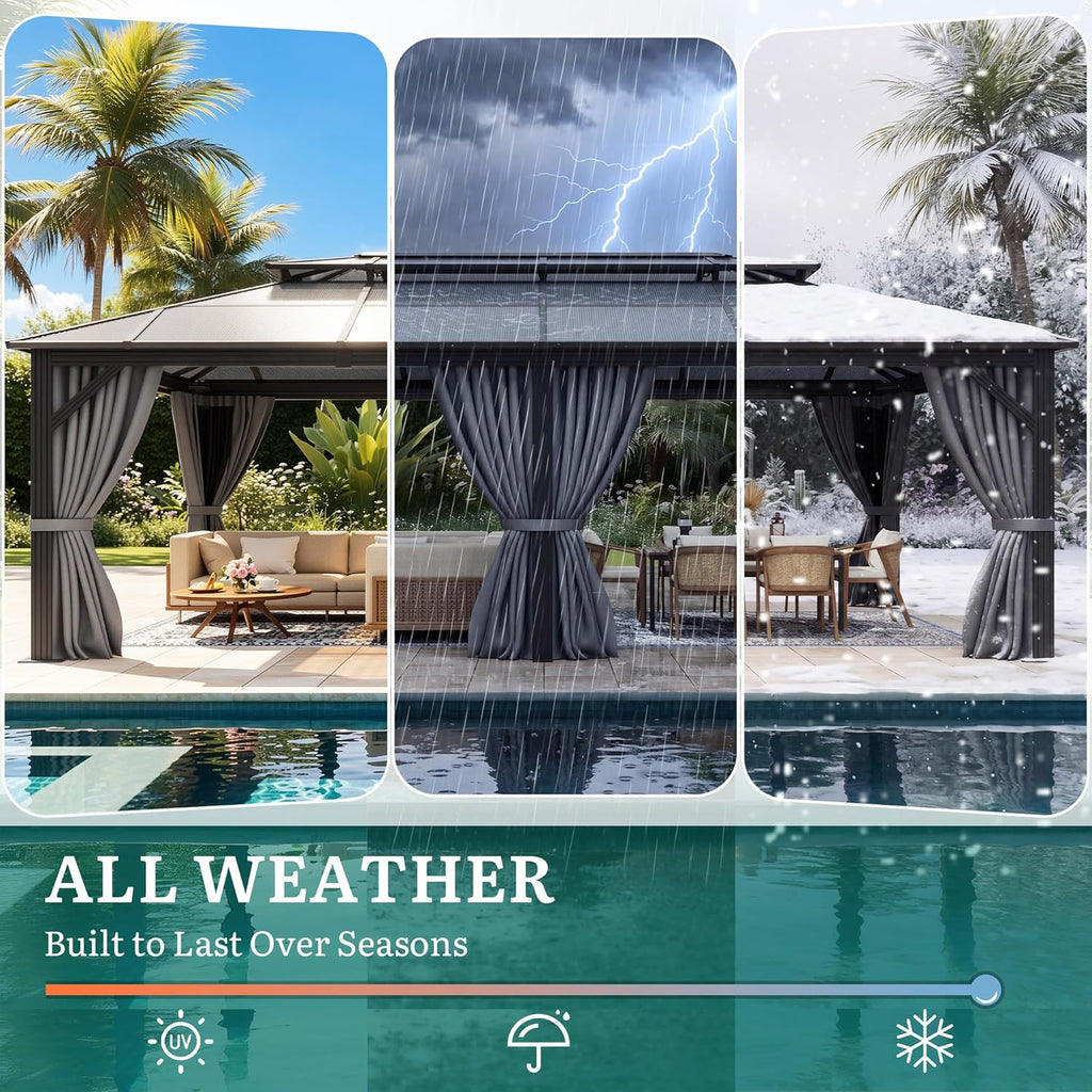 12x20FT Gazebo Polycarbonate Hardtop Double Roof Canopy Outdoor with Netting and Shaded Curtains