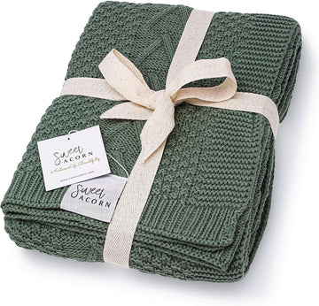 Knit Baby Blanket in Elegant Pattern, Organic Cotton Blankets for Crib or Stroller, Receiving Blankets - Juniper Green