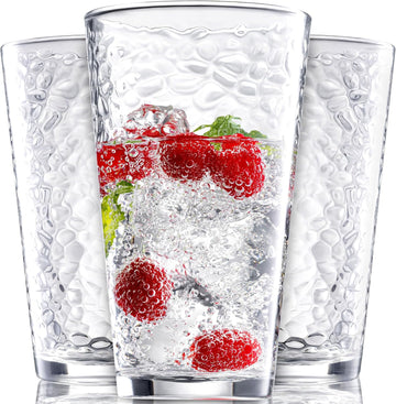 Set of 10 Hammered Glass Cups, Clear Heavy Base Drinking Glasses | 16oz, Stackable, Durable, Dishwasher Safe, Freezer