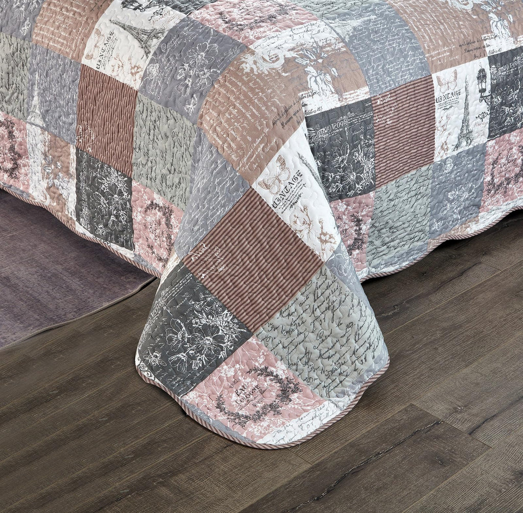 Latte Grey Paris & Toile Floral Patchwork Quilt Set