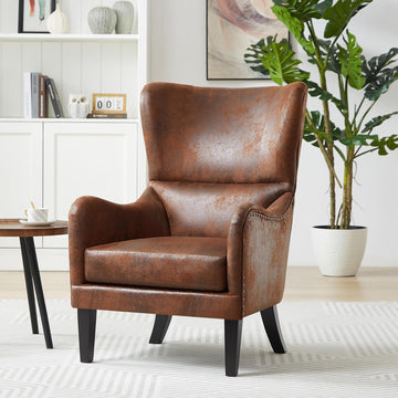 Elber Mid-Century Modern Wingback Accent Chair, Faux Suede Upholstered Club Chair with Cushion, Wooden Living Room