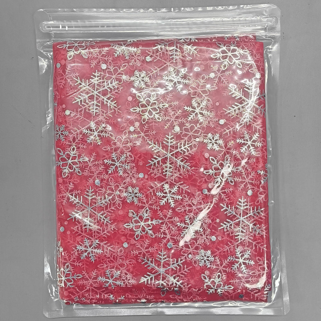 Red Base Silver Foil Snowflake Fabric, 59" 3Yard Sheer Mesh for Xmas Tree Party Scene Decor