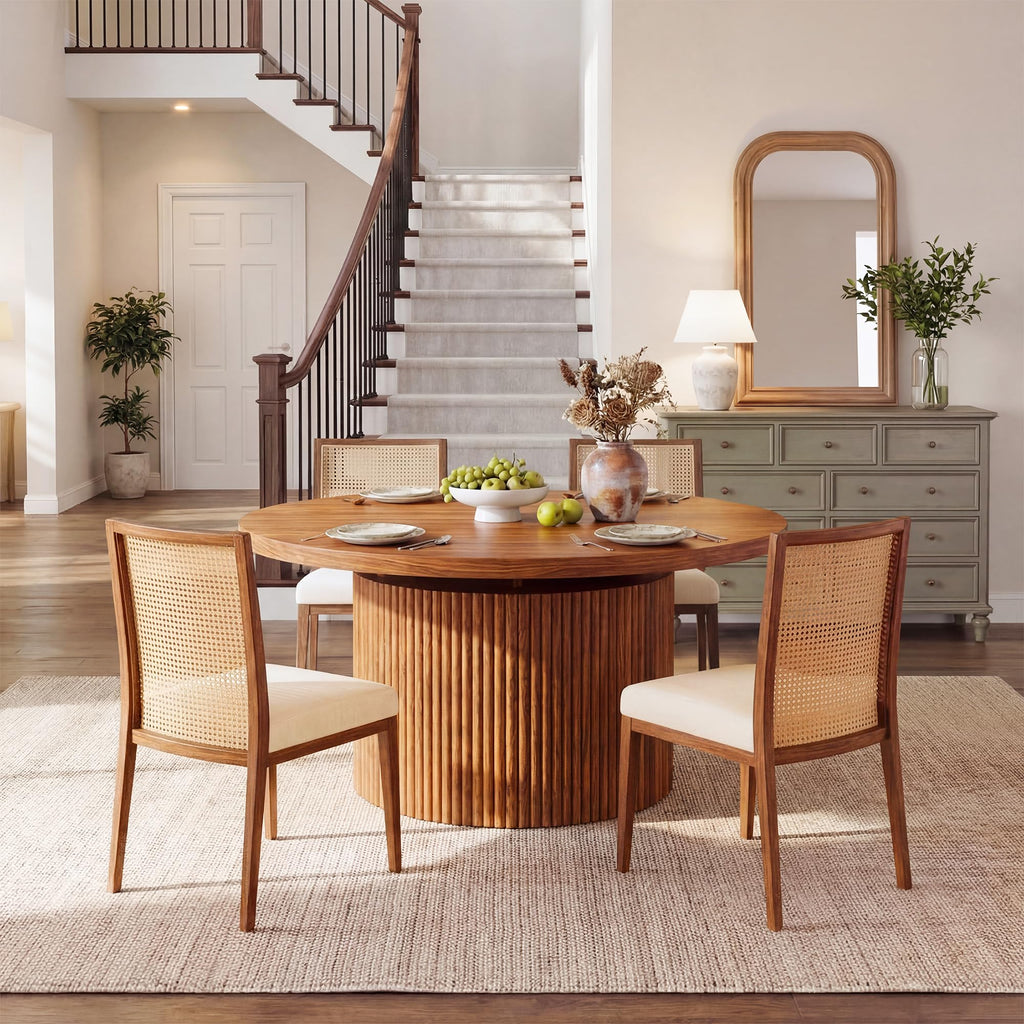Extendable Round Dining Table for 4-8, 39in-77in Long Large Kitchen Table with Fluted Base, Space Saving Modern