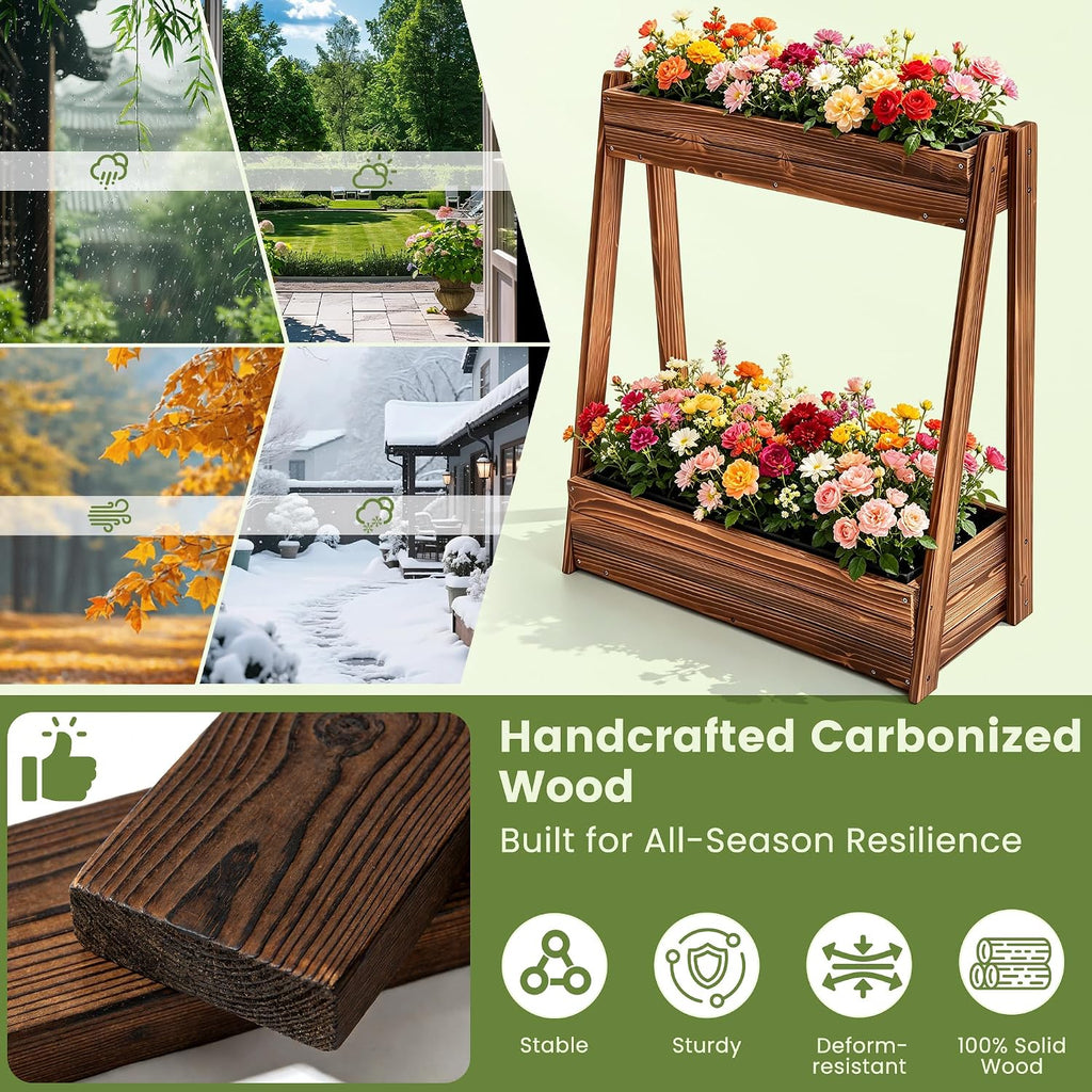 36" 2-Tier Fir Wood Elevated Raised Garden Bed | Outdoor Wood Planter Box for Vegetables Herbs Flowers, Tall Planter