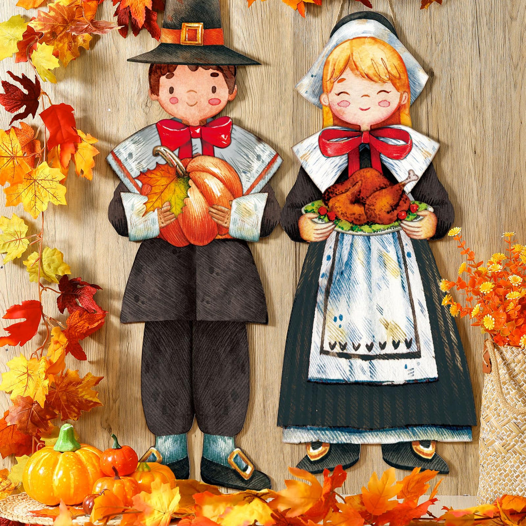 2 Pcs Fall Thanksgiving Pilgrim Boy and Girl Hanging Sign