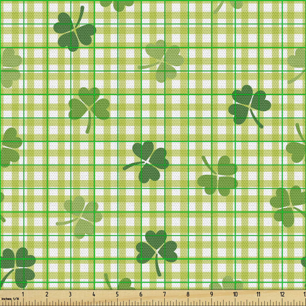 Irish Fabric by The Yard, Retro Classical Checkered Pattern with Green Shamrocks Clovers Garden Plants, Decorative