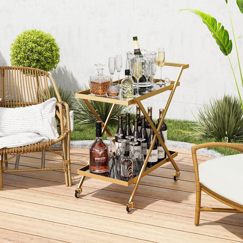 Gold Finish Bar Cart on Wheels, No-Tool Assembly 2-Tier Serving Cart with Black Tempered Glass Shelves & Locking