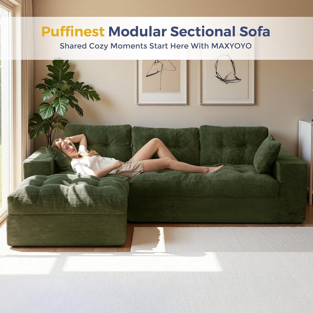 96" L Shaped Modular Sectional Sofa with Ottoman, Cloud Boneless Couch with Layered Cushion, Upholstered Sofa in a