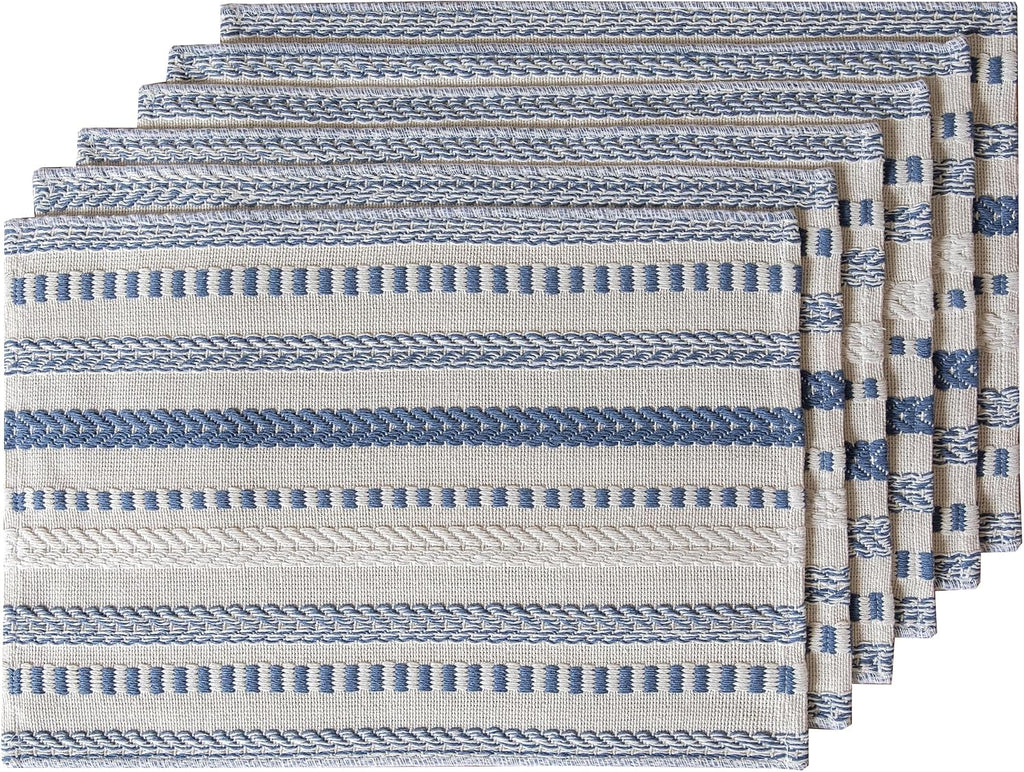 Boho Placemats, Blue Beige Cotton Linen Woven Place Mats - Set of 6
