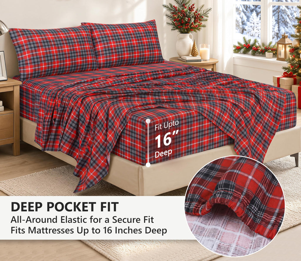 100% Cotton Flannel Sheets Full Size, 4 PCs, Red Plaid