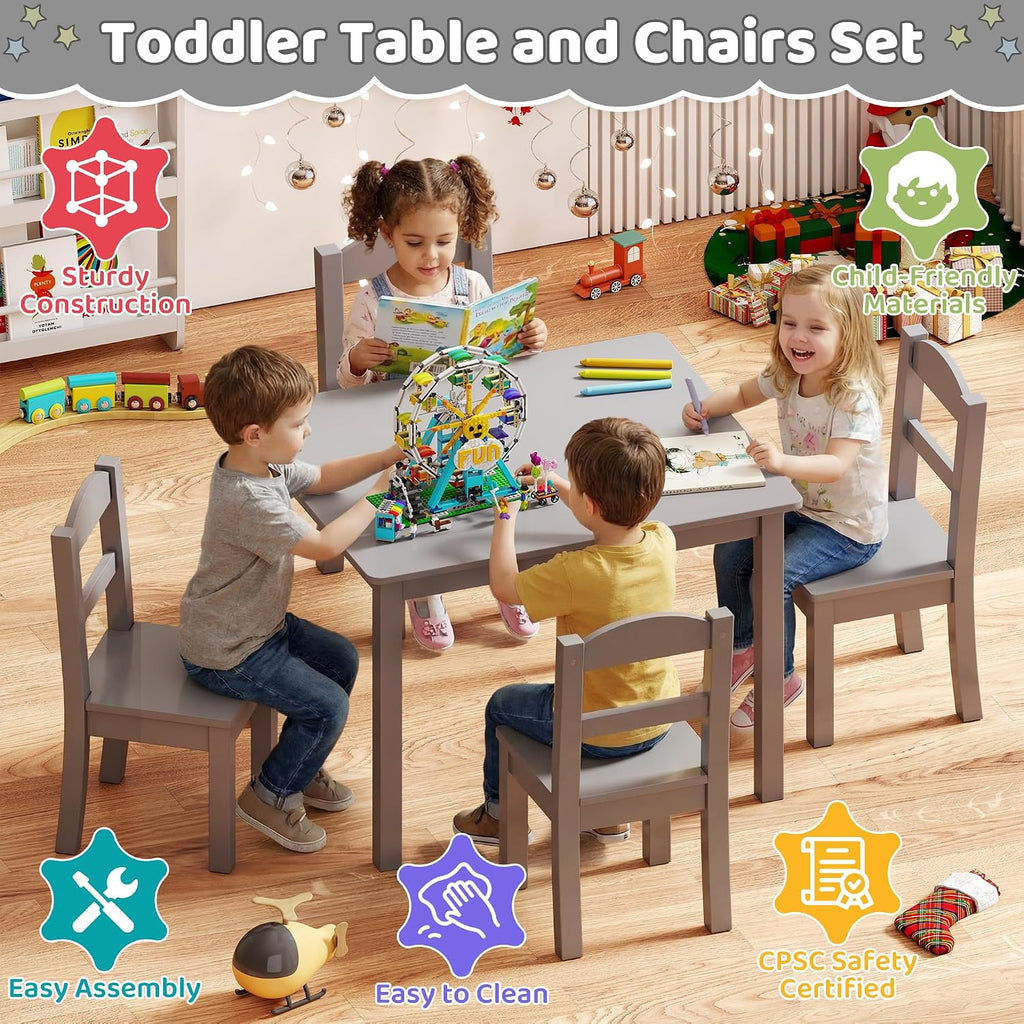 Wooden Kids Table and Chair Set, 26"L x 22"W, CPSC-Certified, Grey