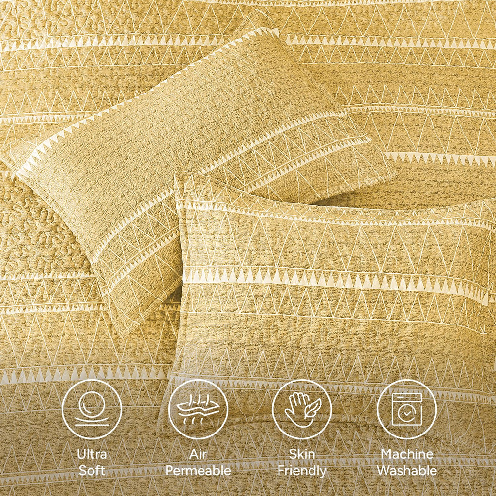 Yellow Oversized Super King Quilt Set, 3 Pieces Striped Bedspread