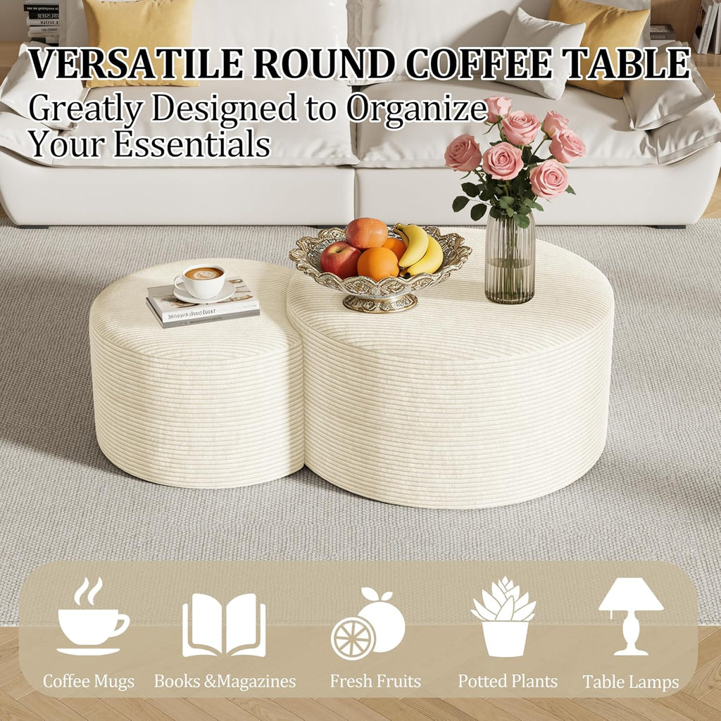 Round Nesting Coffee Table Set of 2,Upholstered Foam Ottoman Footrest Side Table Set,Modern Flannel Circle Coffee