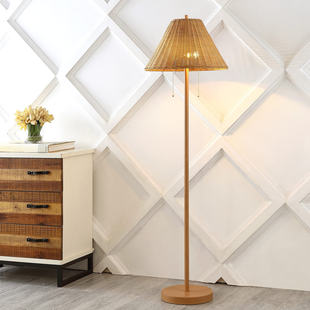 Nando 2-Light Coastal Rattan Floor Lamp 61", Brown Wood Finish