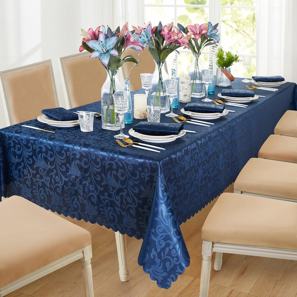 Wave Scroll Damask Jacquard Rectangle Deep Sea Blue Tablecloth 60" 120", Wipeable Table Cover for Dining Table, Buffet