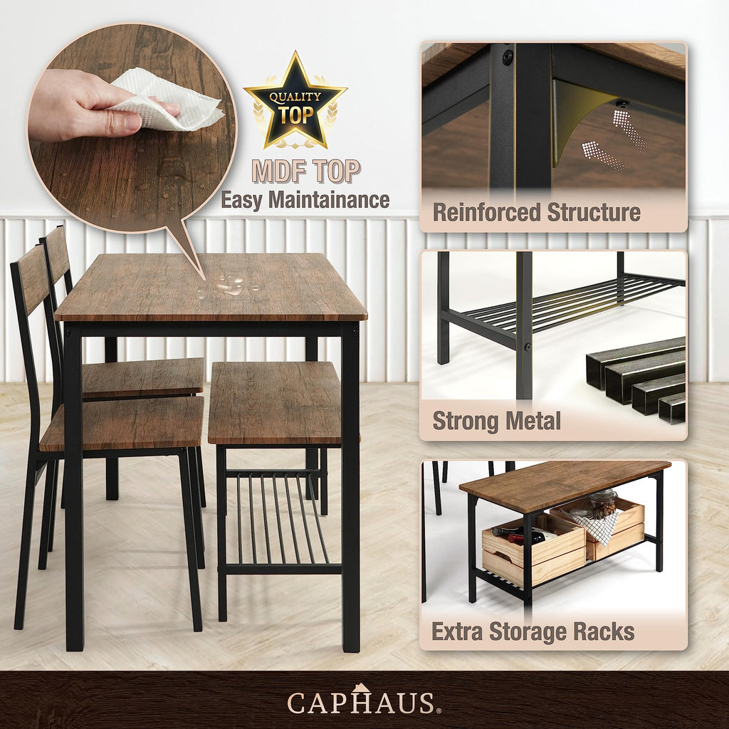 4 Pieces Dining Table Set for 4 w/Bench and Chairs, Modern Table Set w/Storage Rack, Rectangle Table, Bench & Two