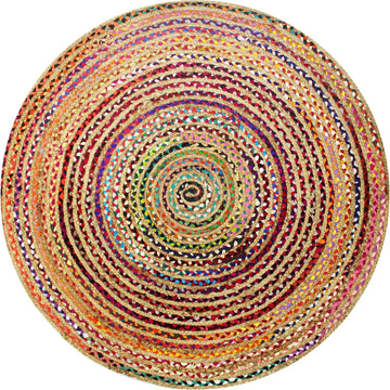 Jute Chindi Braid Rag Rug - 8 Feet Round Multi Color Area Rug | Handwoven Reversible Jute & Natural Recycled Cotton