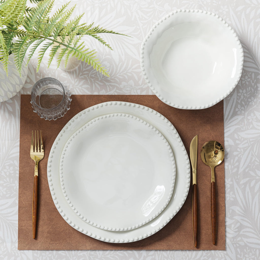 Perlette Off-White Beaded 12-Piece Dinnerware Set, Melamine Dining Dish Set
