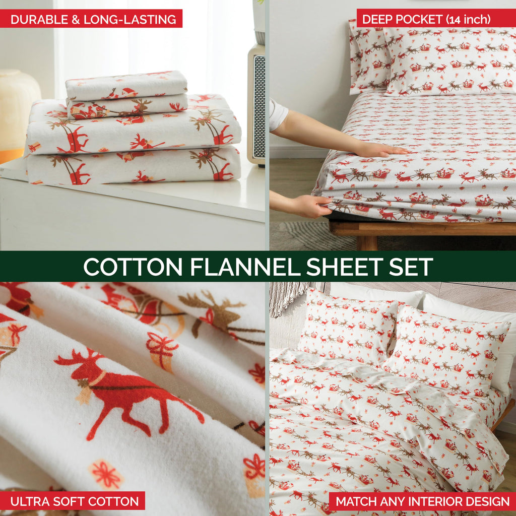 Holiday Christmas Flannel Sheet Set, Twin, Santa Sleigh
