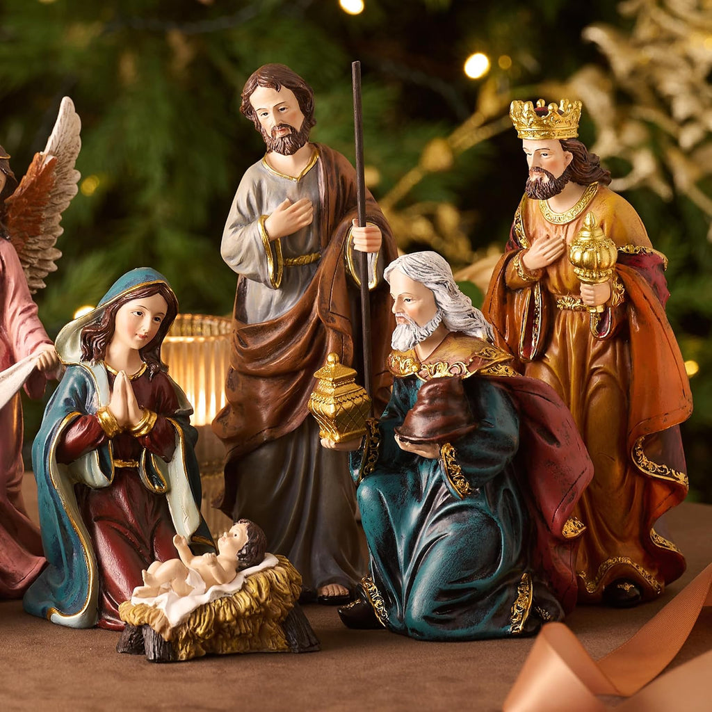 8'' Christmas Nativity Set Figures 8pc, Red Gold Green