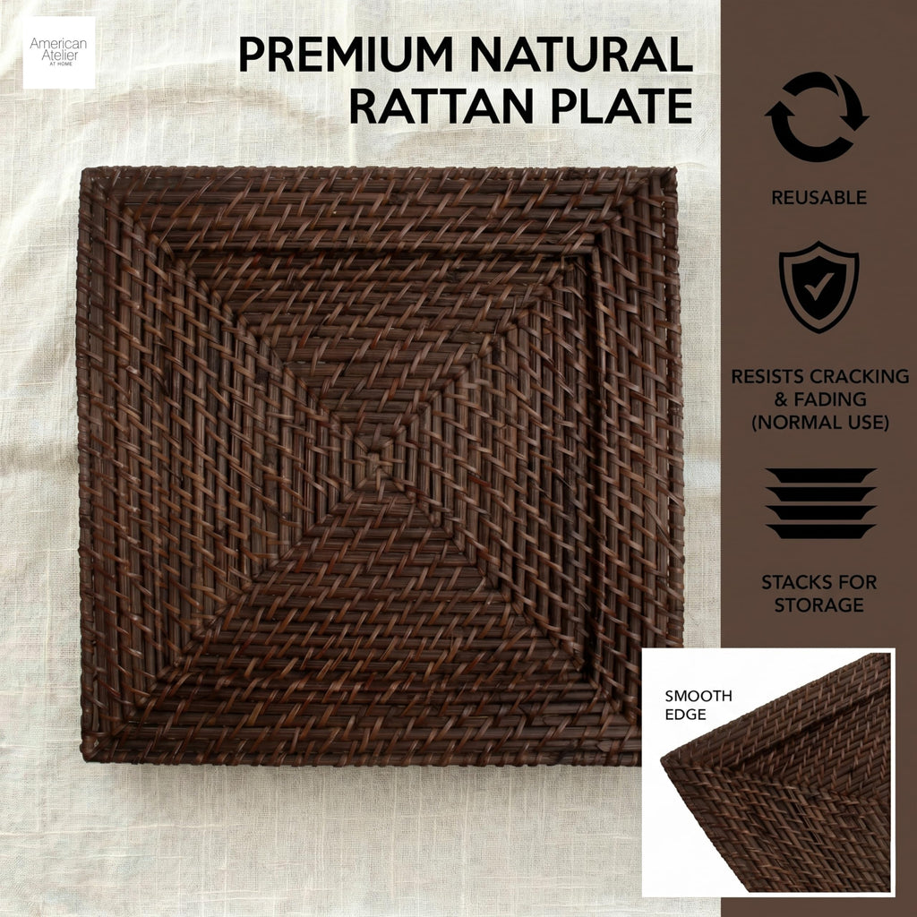 Rattan Plate Chargers Square Woven Chargers for Dinner Plates, Natural Rattan Placemats - Stylish Premium Charger Set