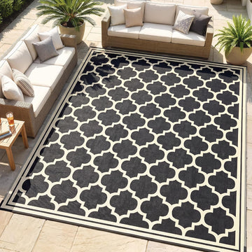 9' x 12' Reversible Outdoor Rug, Black & Beige