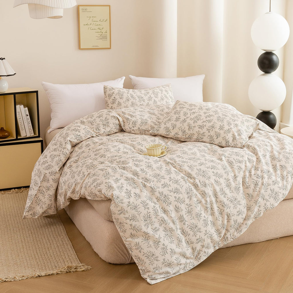 Floral Botanical Duvet Cover, Soft Breathable Bedding Set with 2 Pillowcases, Farmhouse Vintage Flower