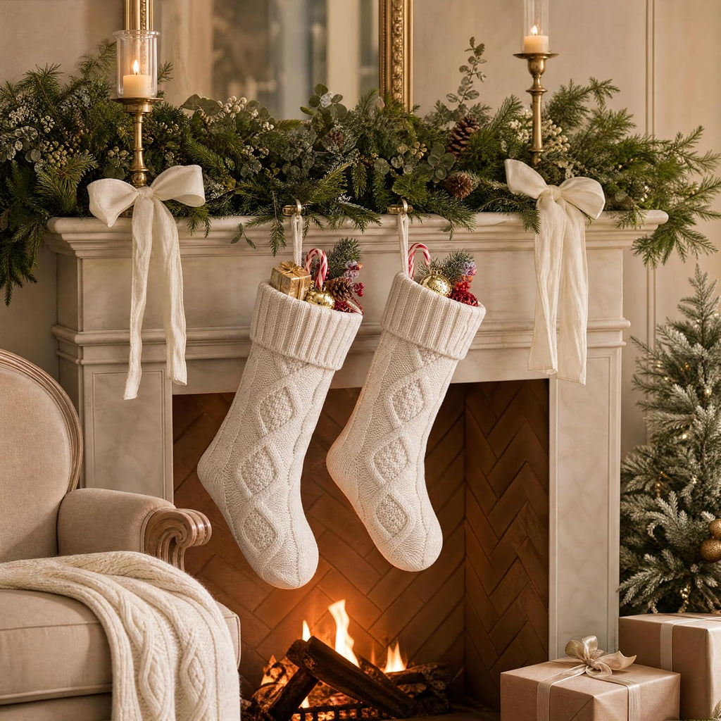 Christmas Stockings 6 Pack, 18 Inch Large Cable Knit Xmas Decor - Set of 6