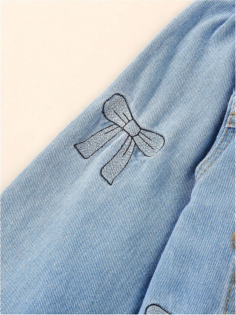 Girl's Bow Embroidered Denim Jacket Long Sleeve Button Down Jean Jacket Cute Outerwear