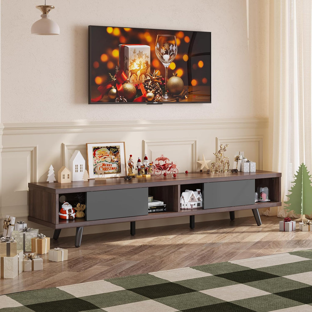 70 inch Mid Century Modern TV Stand for 75 inch TV, Low Profile TV Stand with Storage, Entertainment Center for