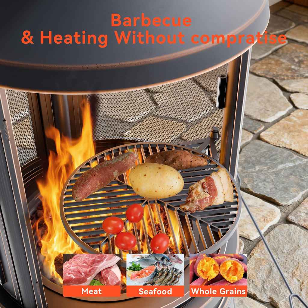 Metal Outdoor Fire Pit for Outside Wood Burning, 24 Inch Chiminea Outdoor Fireplace with Adjustable Grill Tray, Spark