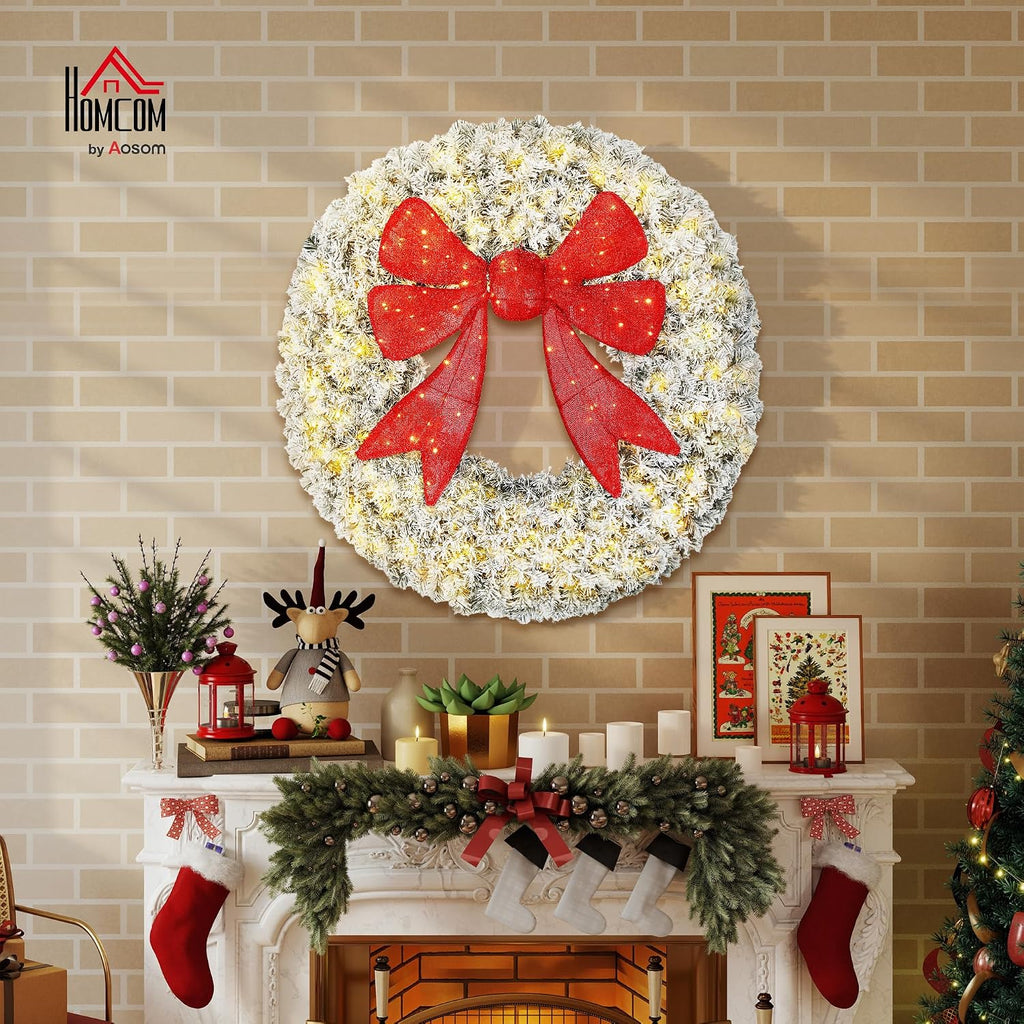 48in Flocked Pre-Lit Artificial Christmas Wreath with 3D Red Bow