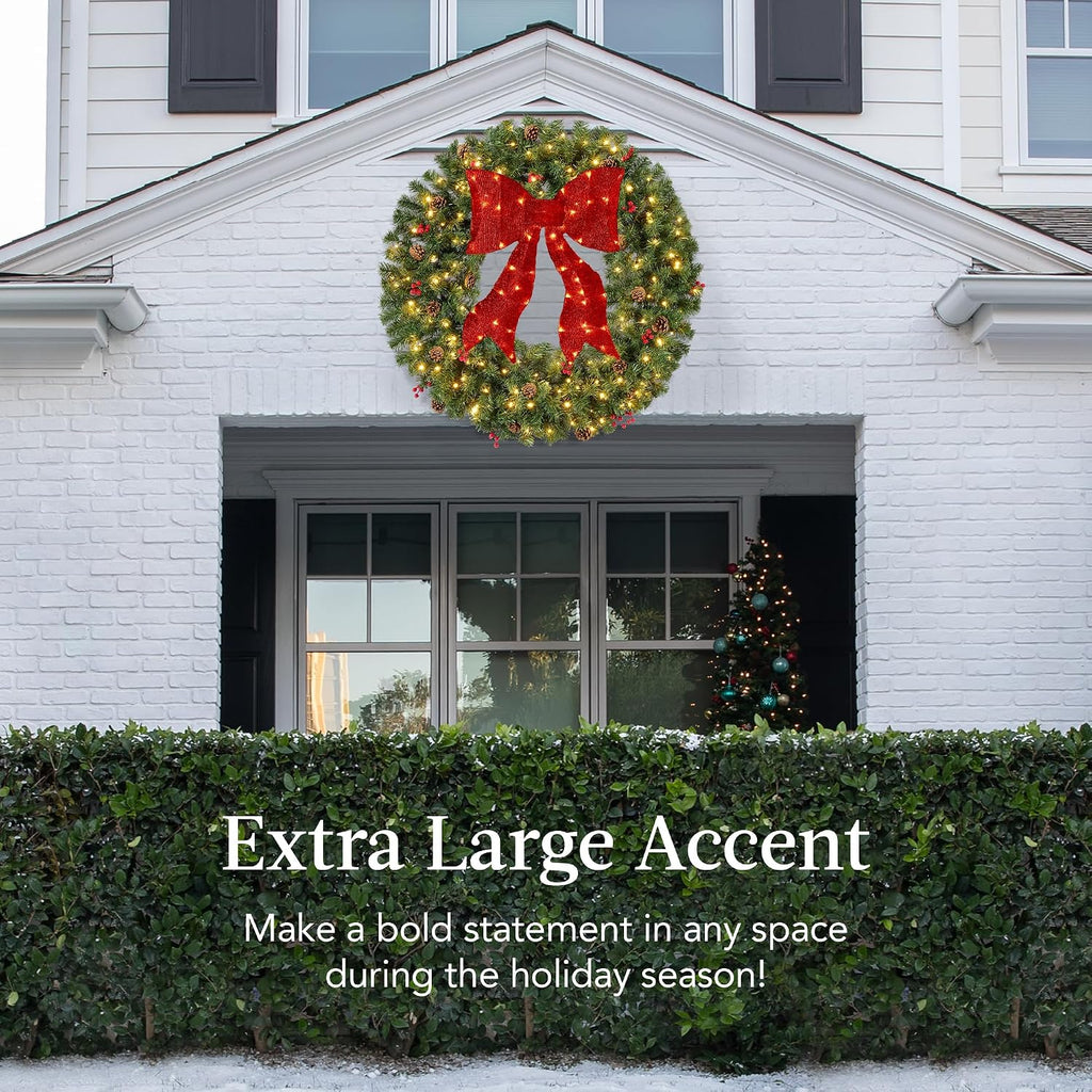 30in Pre-Lit Christmas Wreath w/Berries & Pinecones, Large Artificial Indoor/Outdoor Decor for Door, Mantel w/Red