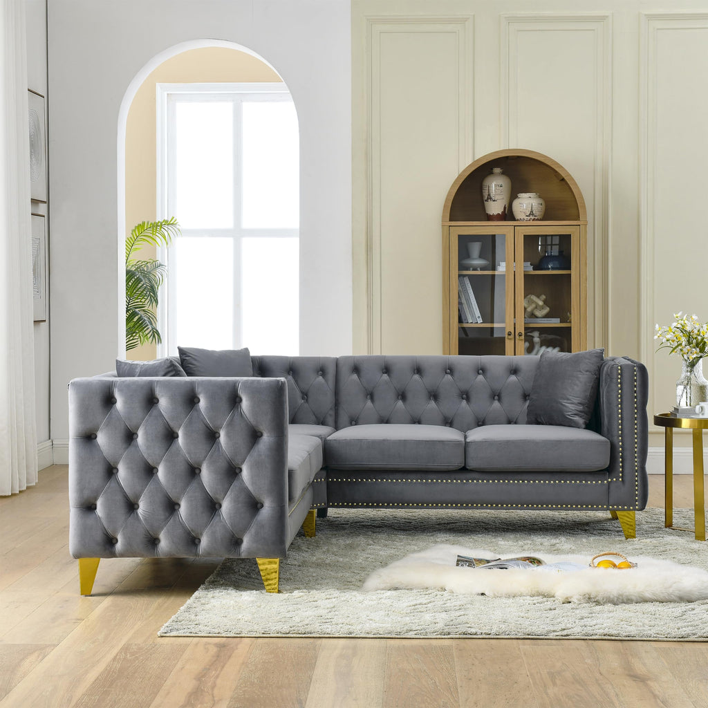 82.2" Tufted Velvet Corner Sofa, 5 Seat L-Shaped Sectional Couch, Buttons Tufted Square Arm Couch Apartment, Gray