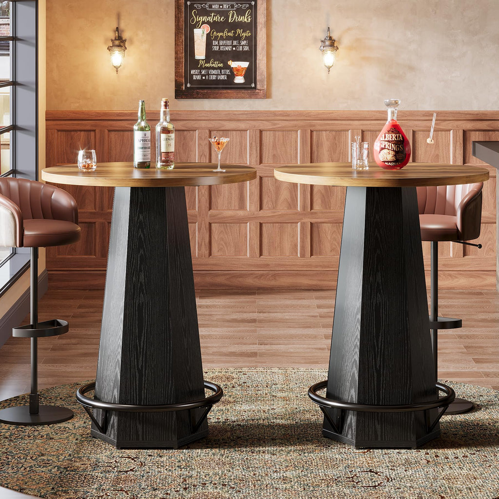 Round Bar Table Set of 2, 39.4" H Bistro Cocktail Table with Metal Footrest for Drinking & Gathering, Industrial Home