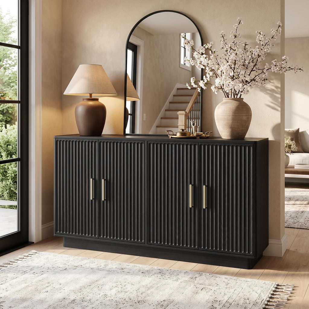 55" Fluted Buffet Cabinet with Storage, Modern Credenza, Black